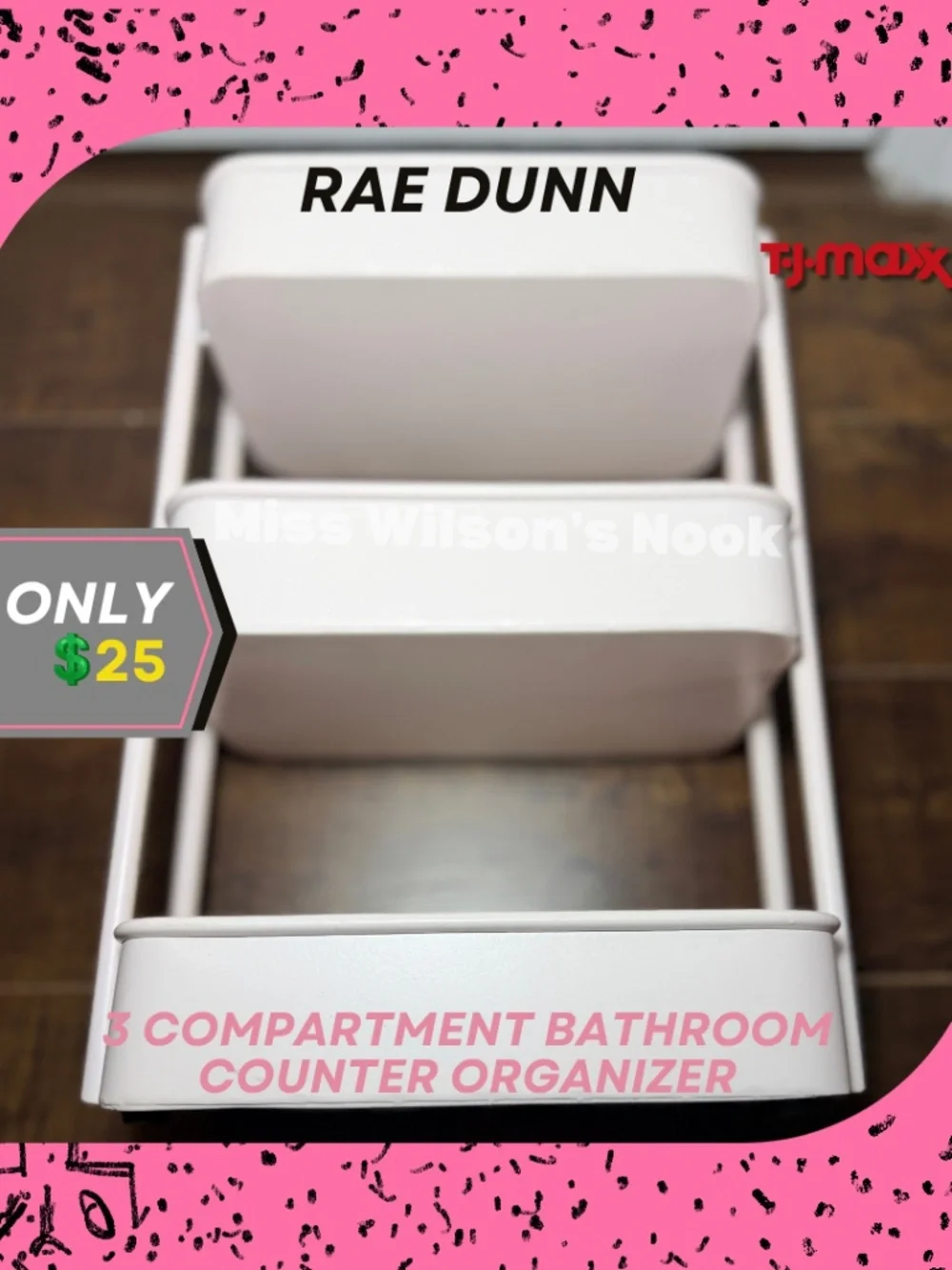 Rae Dunn Pink 3‑Compartment Organizer | HAIR / FACE / ETC | Bathroom Vanity